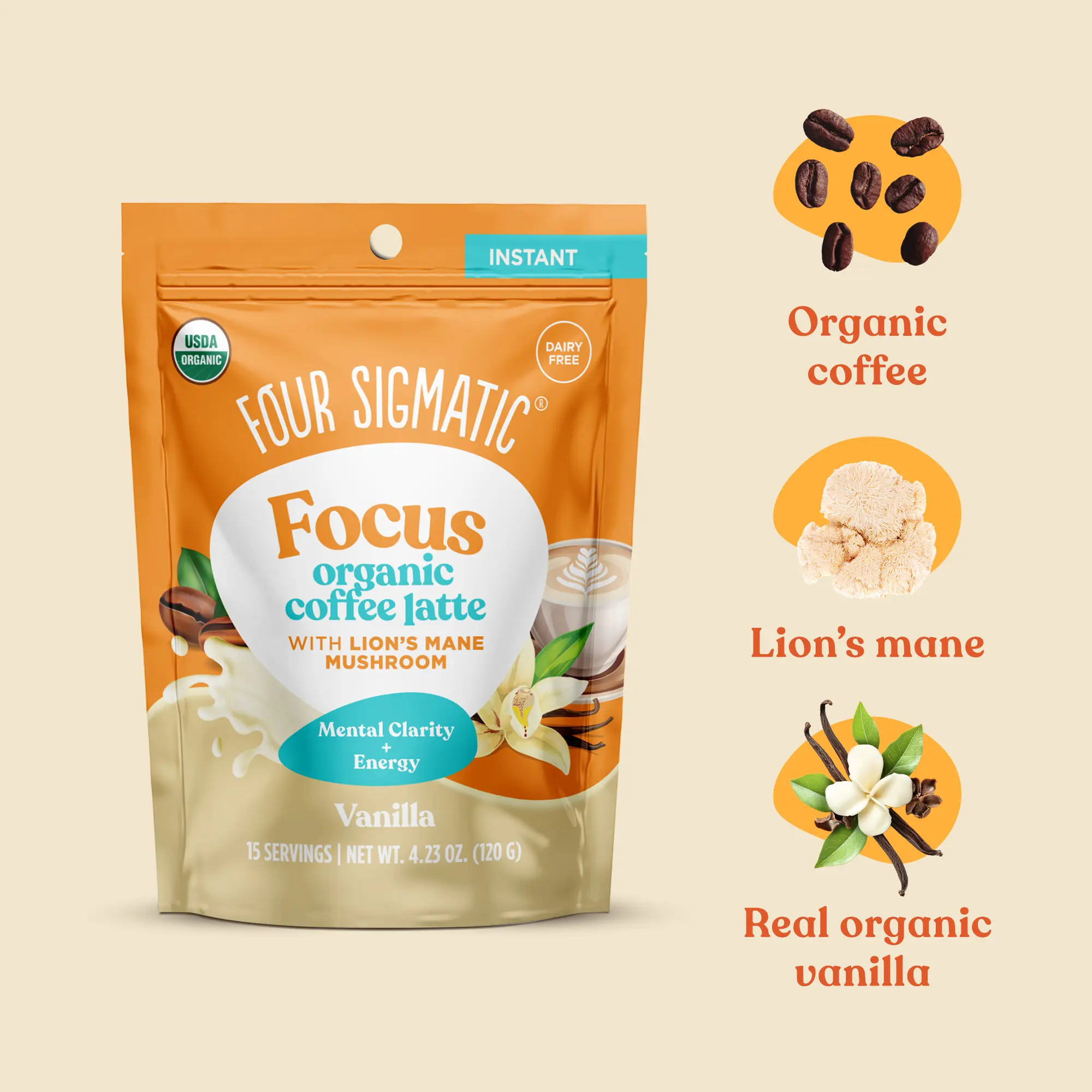 Four Sigmatic - Focus Organic Coffee Latte - Vanilla, 15 servings, 4.23 oz Four Sigmatic - Focus Organic Coffee Latte - Vanilla, 15 servings, 4.23 oz