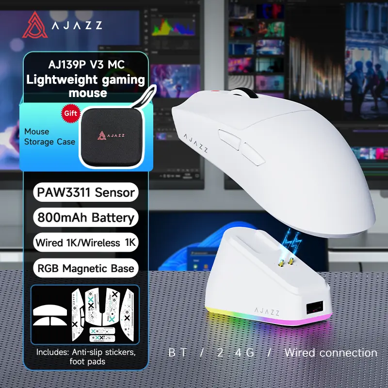 AJAZZ AJ139P V3 MC Upgrade Version Wireless Gaming Mouse by Epomaker, 69g Ultra-Light, 24000 DPI PAW3311, 1kHz Return Rate, 800mAh, 3-Mode Magnetic Charging Base, Cable-Free Multifunctional Wireless Mouse
