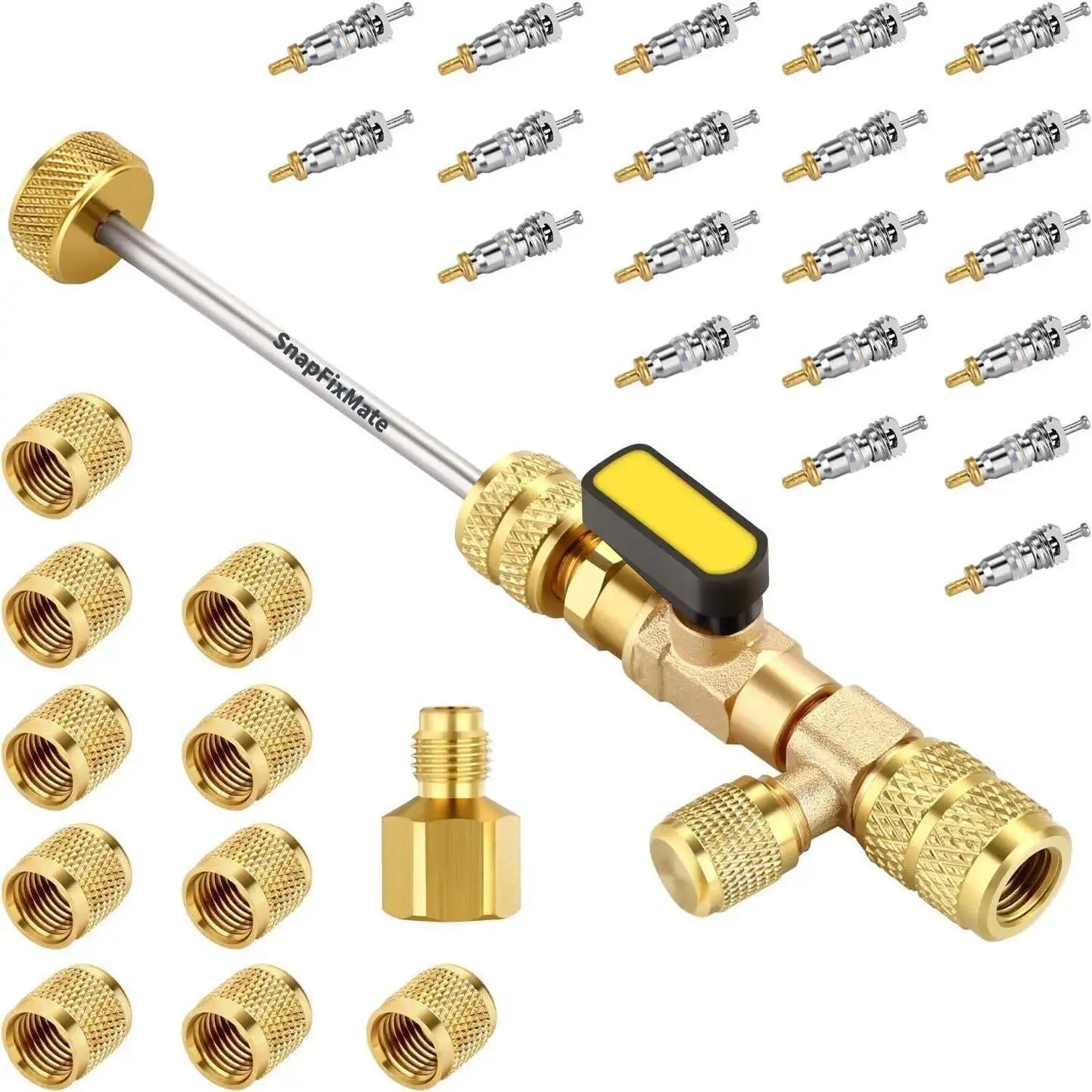 AC Core Remover Installer & Valve Repair Tools Set - Anti-Slip Design, Ball Control, Dual 1/4'' & 5/16'' SAE Ports, 20 PCS Teflon-Seal Cores, 10 PCS Brass Nuts, R32-Compatible High-Quality Mechanics Tool Set for Automotive, HVAC Equipment