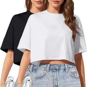 2PC Women's Basic Crop Top Drop Shoulder T Shirt Half Sleeve Cropped Tee Crewneck Short Sleeve Casual Summer Top ladies