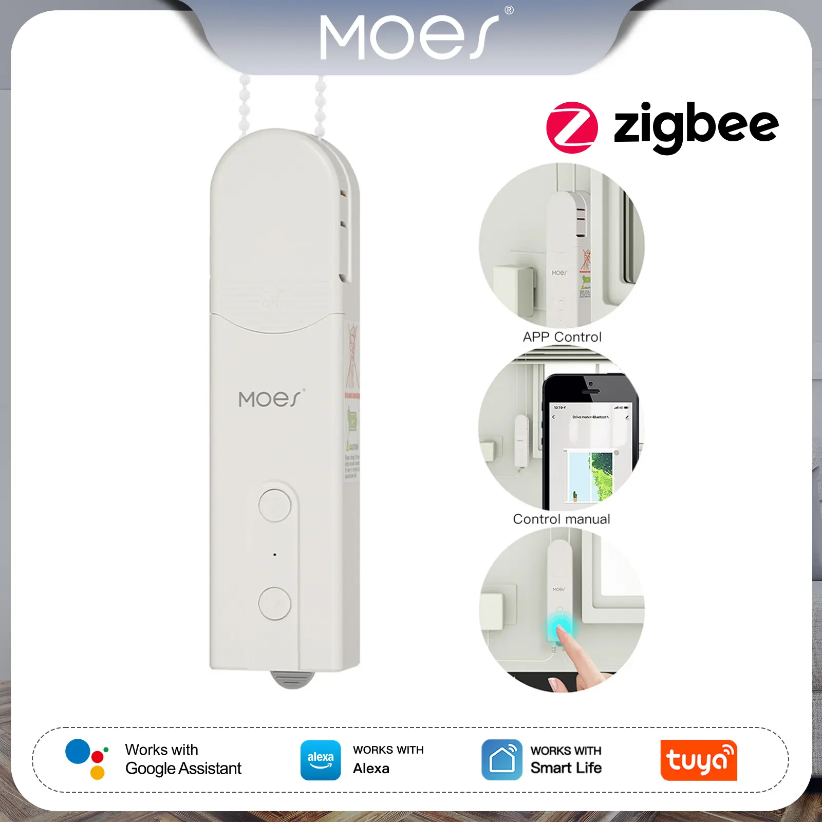 MOES ZigBee Wireless Metal Smart DIY Curtain Chain Motor - Home Automation Roller Blinds/Shades Drive with Solar Panel, Charger, Batteries, Cells, 2.4G WiFi Compatible, Hub Required, Works with Tuya/Smart Life App, Alexa, Google Home, Timer, Remote