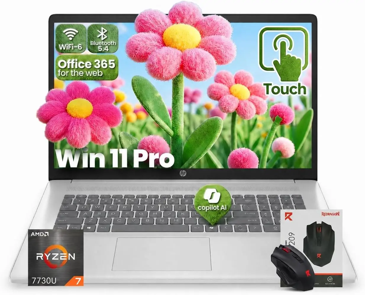 HP 15.6" FHD Touchscreen Laptop (d1523) - AMD Ryzen 7 7730U, 32GB RAM, 1TB SSD, 300 Nits Anti-glare FHD Monitor, Built-in Copilot AI, Windows 11 Pro, Bluetooth 5.4, Wi-Fi 6, Built-in Camera, Fast Charge, for Work&Study