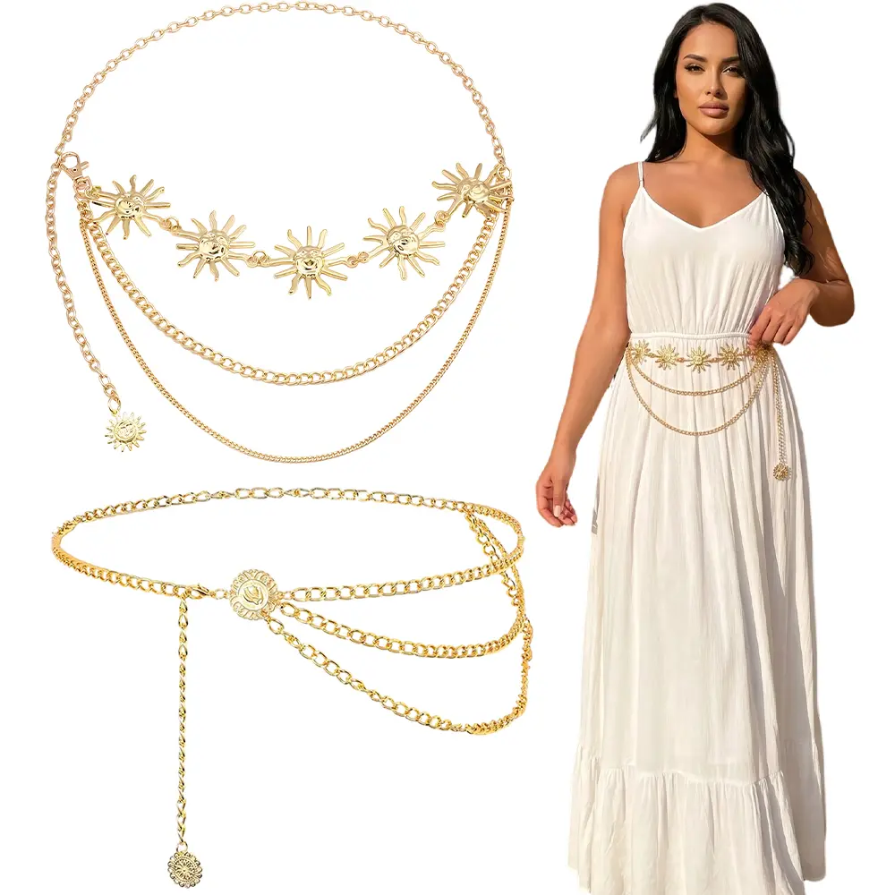 2pcs Retro Waist Chain Belt, Multilayer Sun Chain Belt for Women, Metal Waist Chain Dress Belts, Suitable for Birthday Gifts, Party