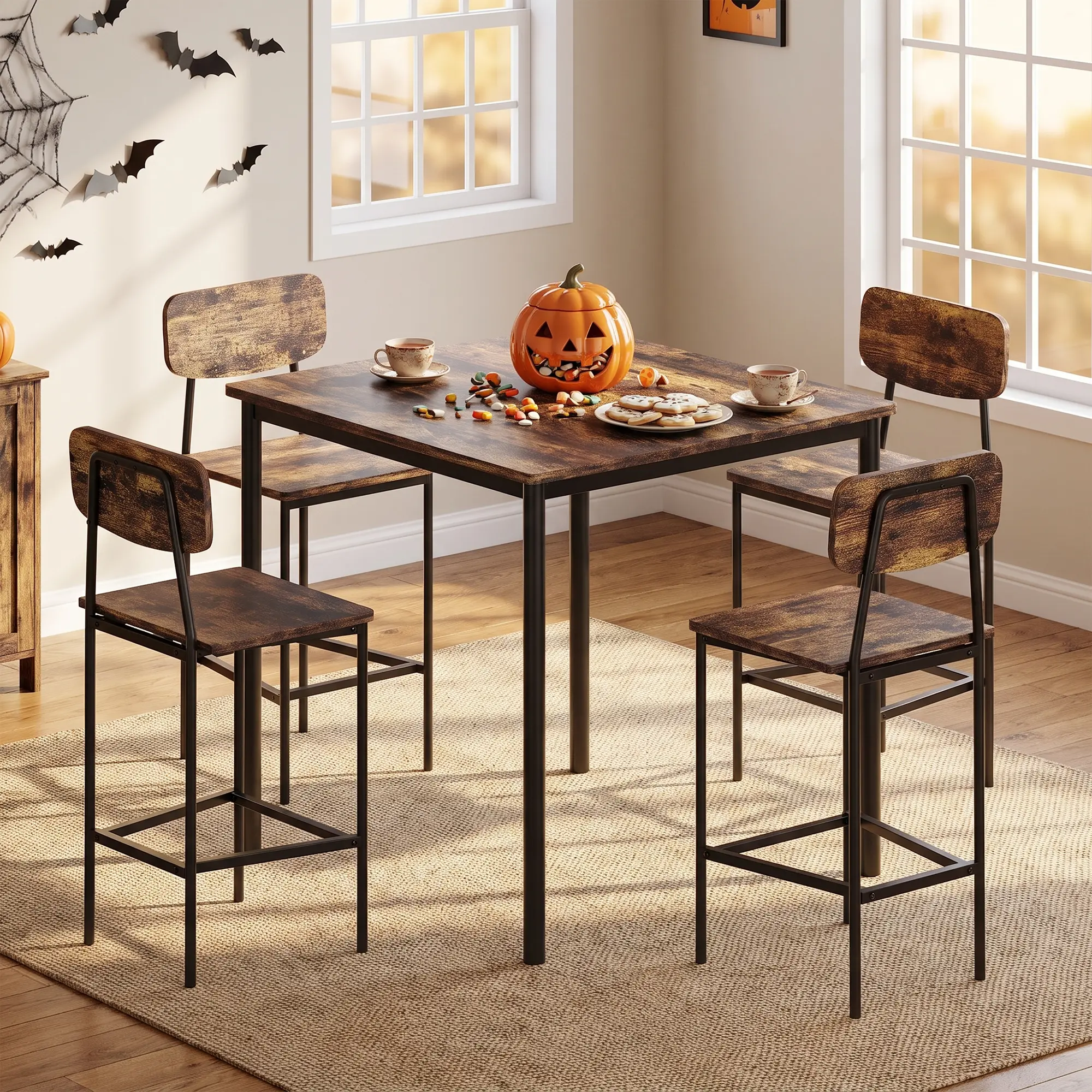 Dining Table Set for 4, Retro Kitchen Table and Chairs Set for 4, Metal Frame, Space-Saving Table and Chairs Set of 4 for Small Place, Living Room, Breakfast Nook
