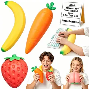 Fruit Squishy Pack - Banana, Carrot, Strawberry & Peach Stress Toys for Adults & Kids 3+ | Fruity Fidgets for Stress Relief & Sensory Play, Safe Non-Toxic Soft TPR, Stretchy Odorless Durable, Great Desk Toy & Gift