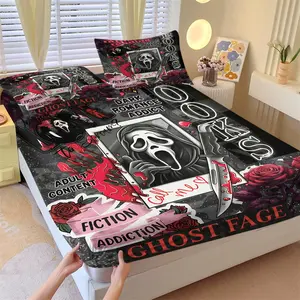 Gothic Ghost Mask Fitted Sheet, Include One Bedspread and Two Pillowcases, Spooky Skull Print Deep Pocket Mattress Cover, Creepy Aesthetic Bed Cover for Dark Aesthetic Lovers