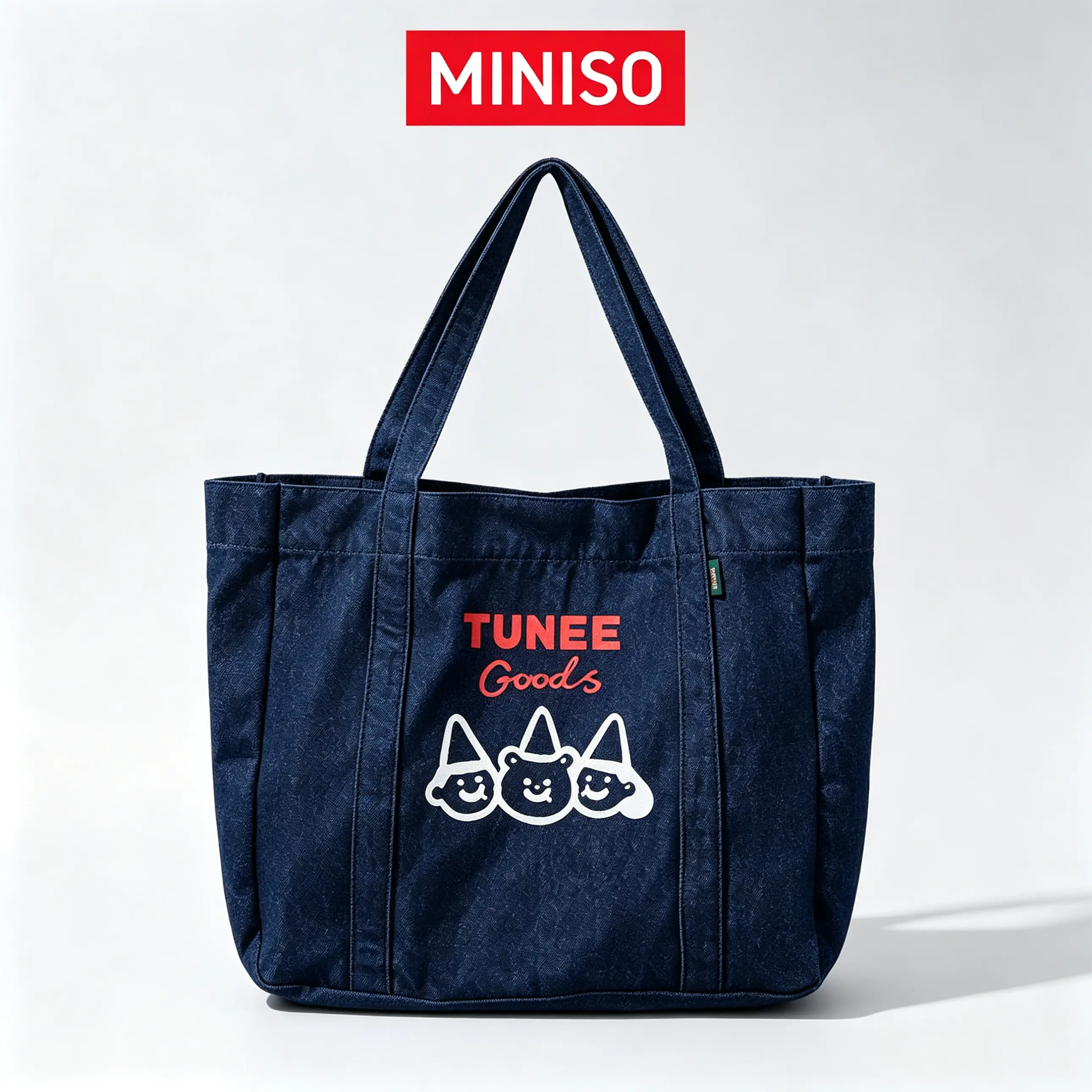 MINISO TUNEE Goods oversized denim tote bag, heavy-duty canvas shoulder bag—spacious, reusable grocery and travel bag with a cute cartoon print