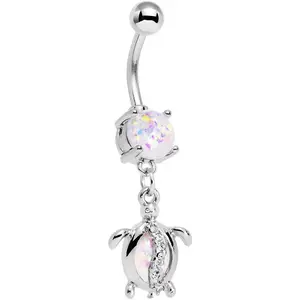 White Faux Opal Clear Gem Beach Turtle Dangle Belly Ring
