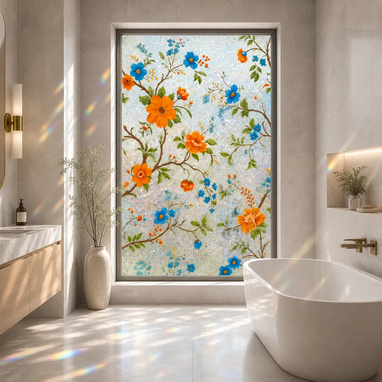 Floral Window Privacy Film, Stained Glass Rainbow Static Cling Covering, Non-Adhesive Reusable Décor for Bathroom and Doors, 23.6 x 118 Inches
