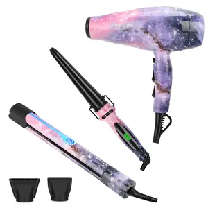 3 in 1 Hair Dryer + Straightening Iron + Curling Iron PARWIN PRO BEAUTY Hair Styling Gift Set Ion Hair Dryer Flat Iron Hair Straightener Cone Curling Iron Gift Set Galaxy Pattern