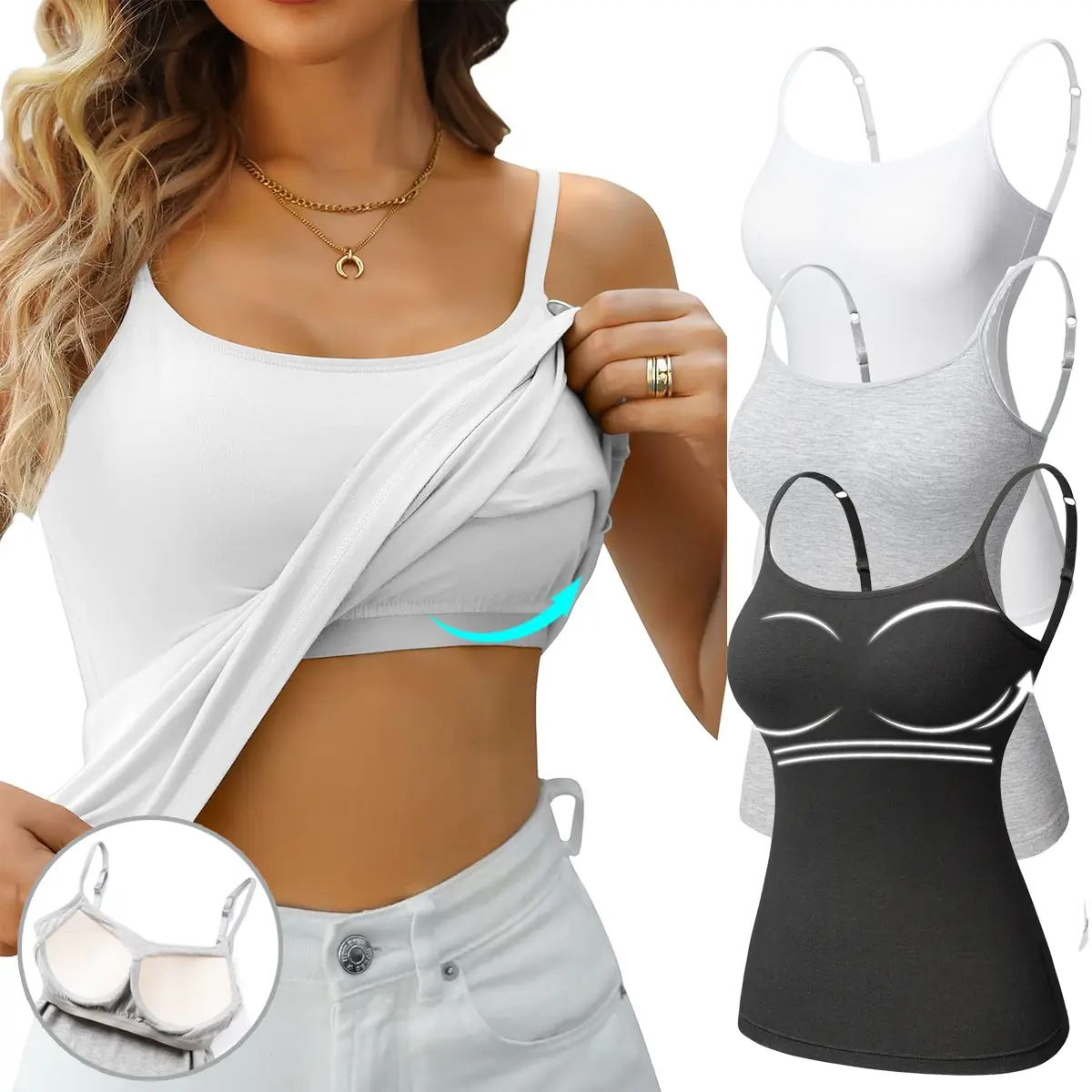Women's Viscose Spandex Camisole with Built-in Shelf Bra, Spaghetti Strap Sleeveless Workout Garment, Tops for Daily Wear and Layering,back to school,back to school shopping, Soft