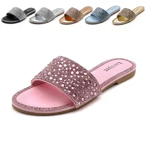 Women's Glitter Flat Sandals Fancy Glitter Slippers with Jewellery Design Comfortable Mopping Shoes