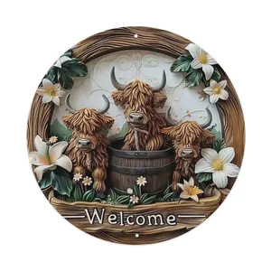 1pc 8"X8" Charming Highland Cow & Lily  Sign - UV Resistant, Scratch-Resistant, Easy To Hang Indoor/Outdoor Halloween Decor, Random Hole Position Design,Home Decor ,Room Decor,Wall Decor Gifts Birthday Graduation Decoration Items Iron
