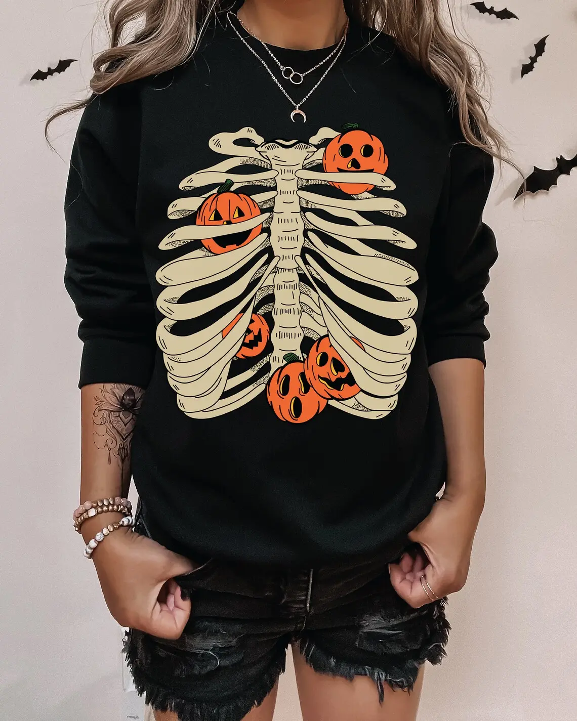 Skeleton pumpkin, Pumpkin Sweater, Halloween Crewneck, Fall Sweatshirt, Halloween Party Sweatshirt, Spooky Season Sweatshirt Plus Size fallAnalyze listing Collar Fabric Loose