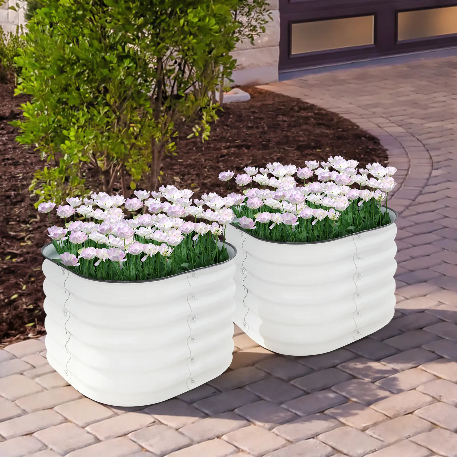 2-Pack White Round Elevated Planting Boxes - Rustproof Aluminum-Zinc Steel Floor-Standing Raised Garden Beds (60x60x43cm) with Animal Guard, Modern Plant Pots for Residential Courtyards, Home Garden Accessories