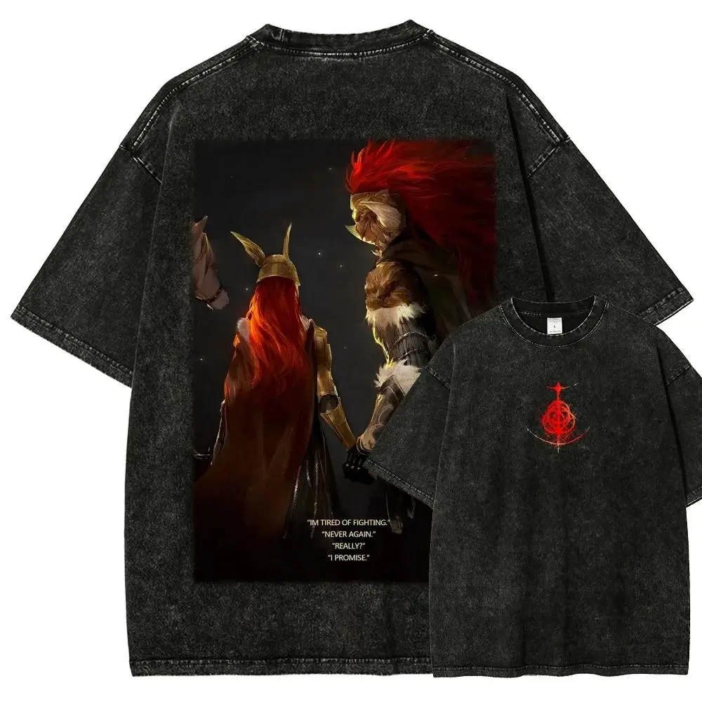 Men's Oversized Short-Sleeve Crew Neck Graphic T-Shirt - Vintage Washed Elden Ring Malenia & Radahn Print, Dark Fantasy Gaming Distressed Black Premium Cotton Unisex Warrior Top, Casual Streetwear, S-3XL, Ideal for Gamers, All Seasons