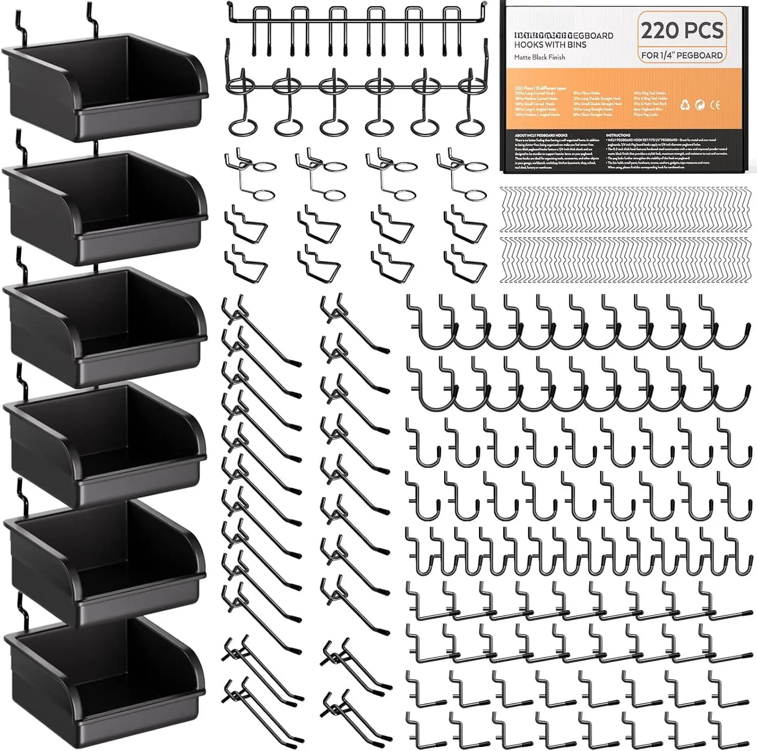 220 count Extra Thick 1/4" Pegboard Accessories Organizer Kit, Heavy Duty Black Pegboard Hooks with Bins and Peg Lock, Peg Board Hooks Assortment for Garage Wall Attachments Hanging Tools