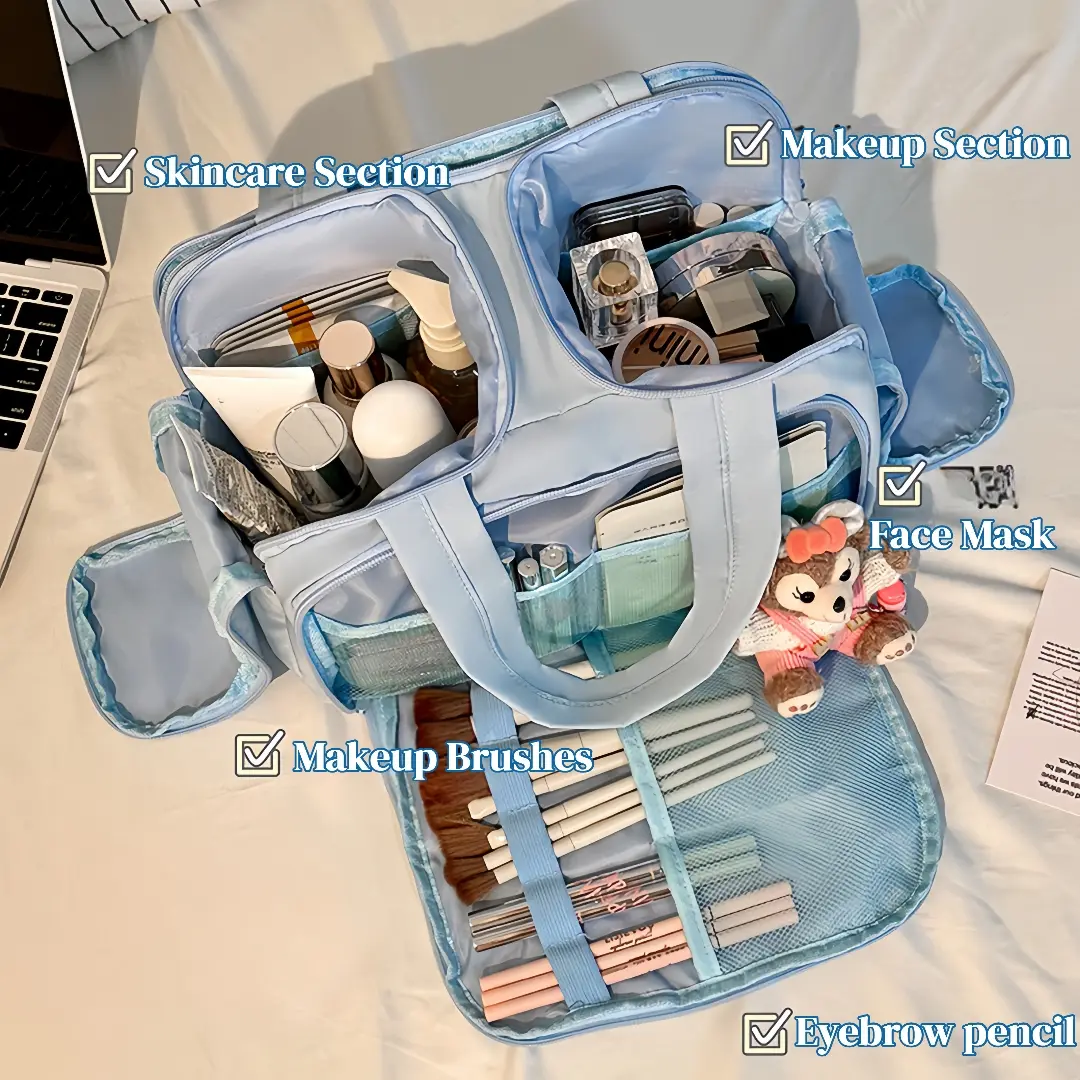 Extra Large Capacity Four-Sided Zipper Makeup Bag for Women, Portable Travel Toiletry Bag, Compartmentalized & Multi-Layer Storage, Wide-Open 4-Door Design, Easy-to-Organize Pouch, Makeup Organizer Pouch, Travel Cosmetic Bags