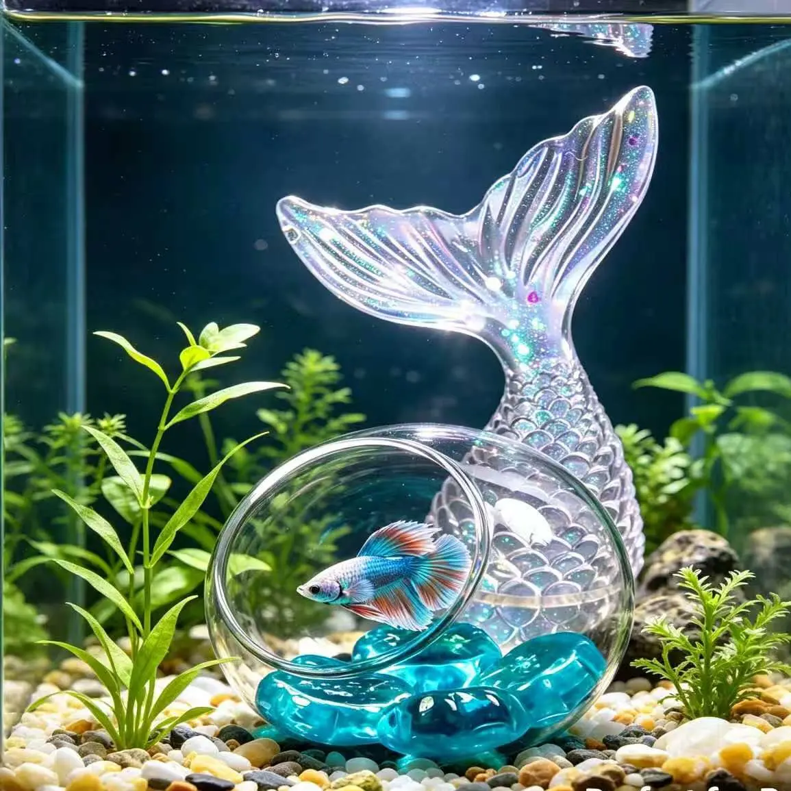Mermaid Tail + Transparent Glass Hideout Fish Tank Decor Set, Dual Piece Combo, Ideal for Small Betta Tanks, Desktop Eco Tanks, Beginner Friendly, Sparkly Tail, Aquarium Decor, Aquarium Decorations