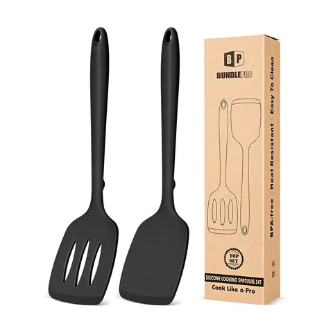 BUNDLEPRO Khaki Sturdy Kitchen Utensils Assortment Set - 2-Piece 100% Reusable Silicone Slotted Spatulas & Turners (Heat-Safe), 1-Piece Silicone Cooking Spoon, Non-Stick, Bisphenol A (BPA)-Free, Pot Coat Protector, Ideal for Family Daily Use, Fish Cooking