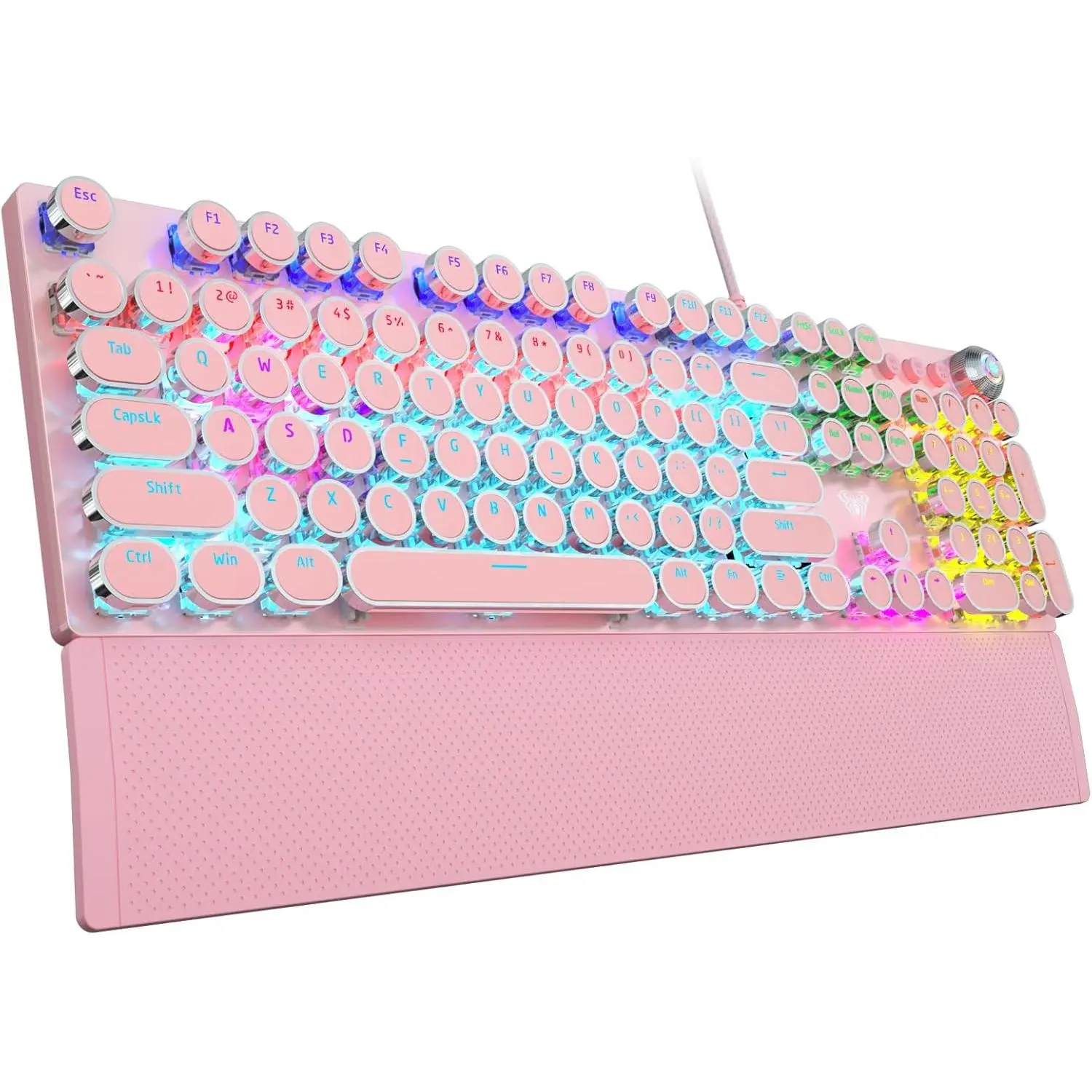 F2088 Typewriter Mechanical Keyboard,  Retro Wired Gaming Keyboard with Blue Switches, Rainbow Backlit, Round Keycaps, Media Knob & Removable Wrist Rest