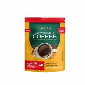 Instant Mushroom Coffee with KSM 66 Ashwagandha (250mg, 40 servings), Turmeric, Lion's Mane and Chaga Mushroom | 100% Arabica Coffee | Supports Better Focus and Immunity | Enjoy Hot or Iced