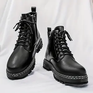 Four Seasons Fashion Trendy Men'S Black Boots Mid-Top Lace-Up Men'S Boots