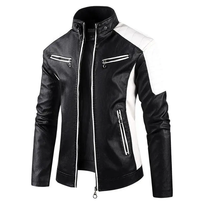 Motorcycle Equipment Leather Jacket Men's Color-blocking Stand-up Collar PU Leather Motorcycle Jacket Casual Leather Jacket Men Motorcycle Equipment Leather Jacket Men's Color-blocking Stand-up Collar PU Leather Motorcycle Jacket Casual Leather Jacket Men