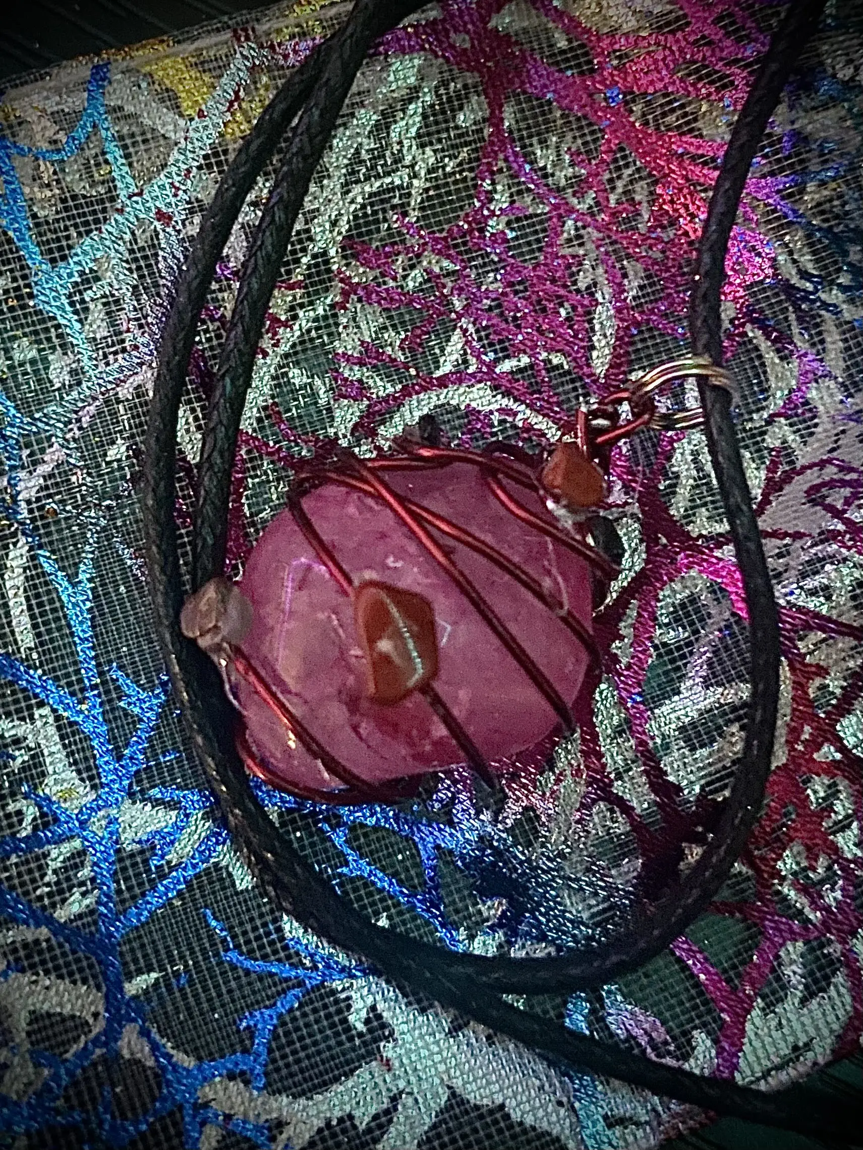 Rose Quarts Wire Wrapped Crystal Necklace Adorned with Obsidian and Red Jasper Stones