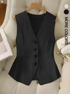 Women's Solid Button Front V Neck Vest Blazer, Casual Sleeveless Vest Jacket for Spring & Fall, Ladies Clothes for Daily Wear, Aesthetic