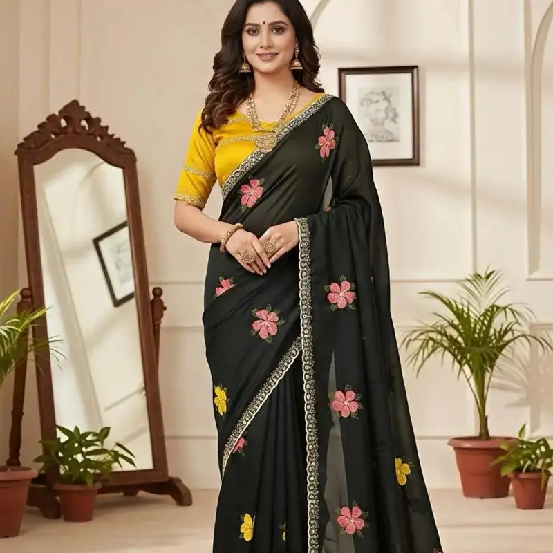 Designer Rangoli Floral Embroidery Thread Saree with Real Mirror Work Scalloped & Border Work Unstitched Blouse Black