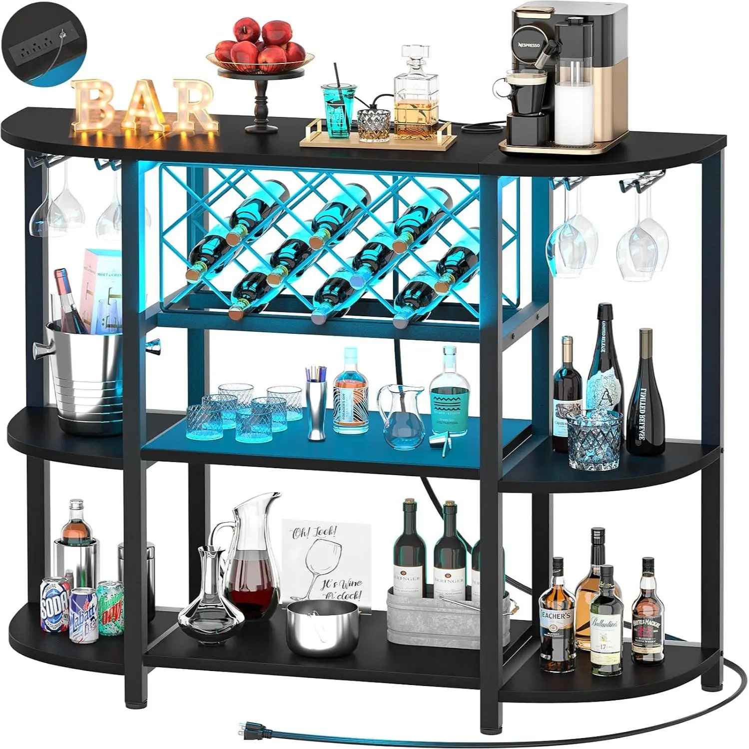 Home Bar Table, Wine Rack, Freestanding Storage Table, Stylish Utensils Bottle Grid Wooden Metal Coffee Sturdy Metal Coffee Glass Kitchen Adjustable Power Outlets, Led Lights, summergarden,dorm essentials,home decor