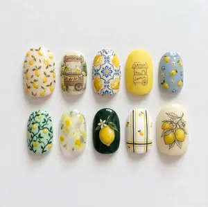 Lemon Garden Press On Nails, Hand Painted Citrus Nail Set, Cute Yellow Blue Nail Art summer nails, Fruit nails