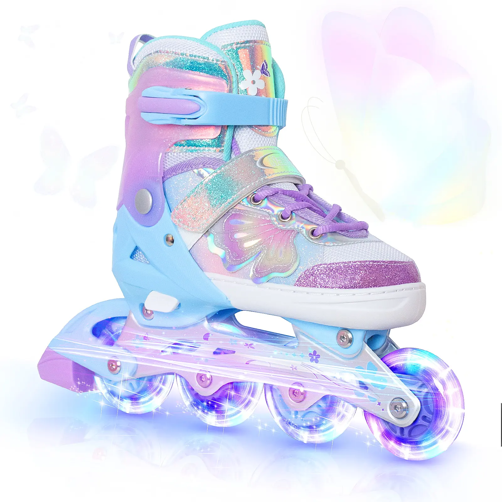 Nattork Kids' Fairy Wing Inline Skates for Beginners, Breathable Mesh, Butterfly Wings, 4-Size Push-Button Adjustment, 8 Flashing Battery-Powered Wheels, Ankle Protection, High-Top Support, Extra Toe Protection, Secure Buckle Closure