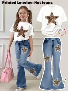 Girls Leopard Star Set, Casual Short Sleeve + T-Shirt, Comfortable Elastic Waist Pants, Spring Summer Sports Wear, 4-12 Years
