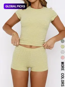 Women's Casual Loungewear Striped Top & Shorts Set, Slim-Fitting Crop/t-Shirt Combo, All-Season Plain Style, Perfect for Daily Wear, Pajama Set, Womenswear