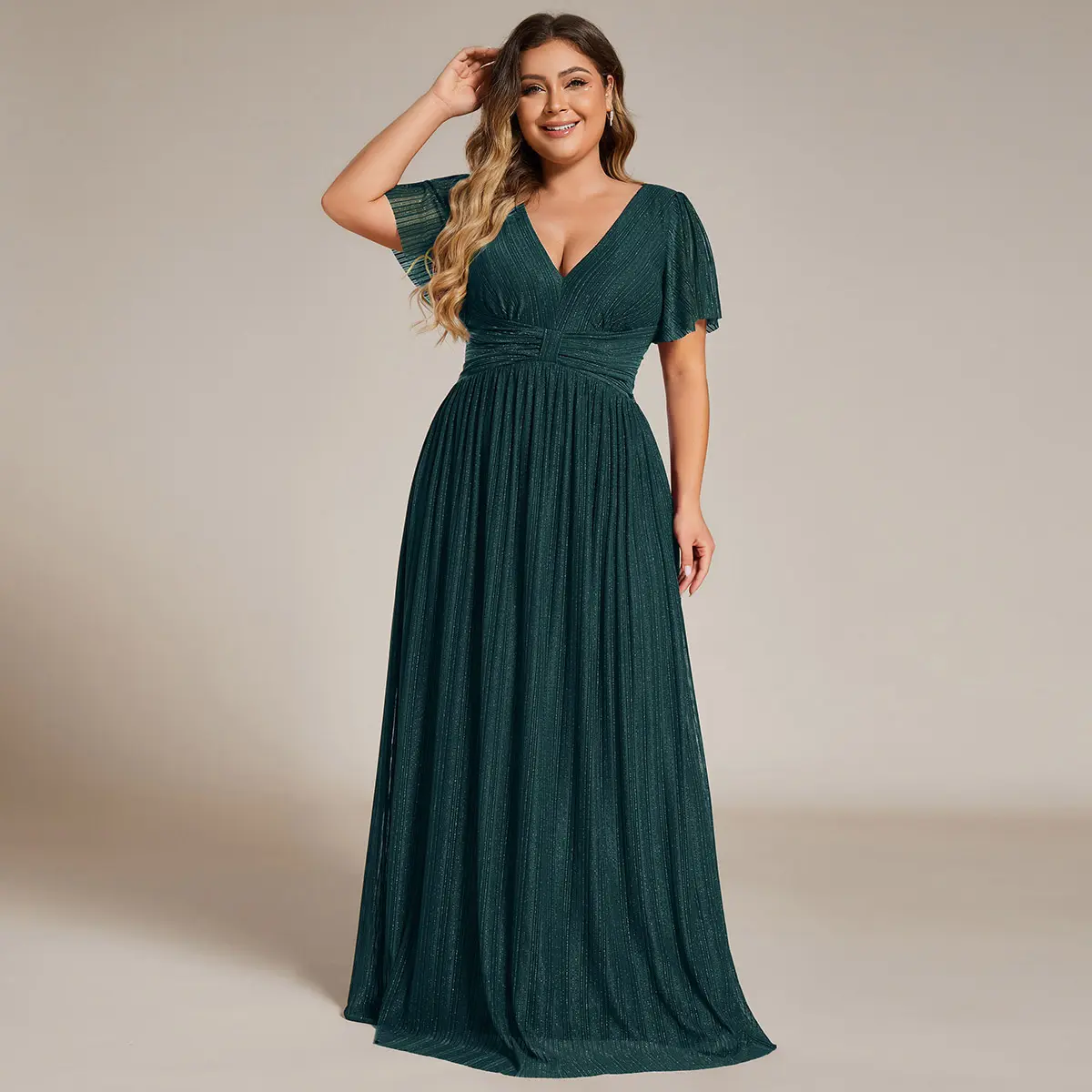 Ever-Pretty【Plus size】 curvy dress ,Fall dress,homecoming dress, V-Neck Glittery Short Sleeves ,Ruffled Hem casual dress, Formal Evening Dress with Empire Waist ,Bandage Dress,Womenswear 11961