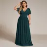 Ever-Pretty Women's Plus Size Polyester Padded V-Neck Glittery Short-Sleeve Bodycon Bandage Dress - Basic Plus Size Clothes, Elegant Empire Waist, Pleated Ruffled Hem, Low-Stretch Silver Mesh, 1-Piece Formal Wear for Fall Homecoming