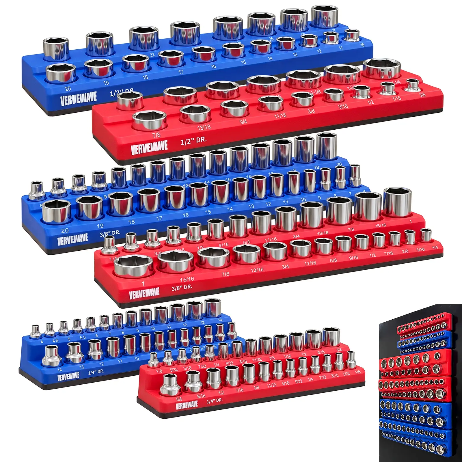 6-Pcs Magnetic Socket Organizer Set (Holds 143 SAE & Metric Sockets), Heavy-Duty 1/4", 3/8", 1/2" Drive Holders (3/8"-1" Range), Professional Hand Tool Toolbox Tray for Organization, 6-Pcs Set (Holds 143 Sockets)