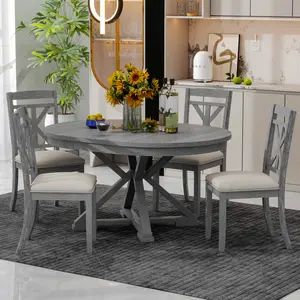 ARCH TREXM 5-Piece Retro Functional Dining Table Set Extendable Round Table and 4 Upholstered Chairs for Dining Room and Living Room (Grey)