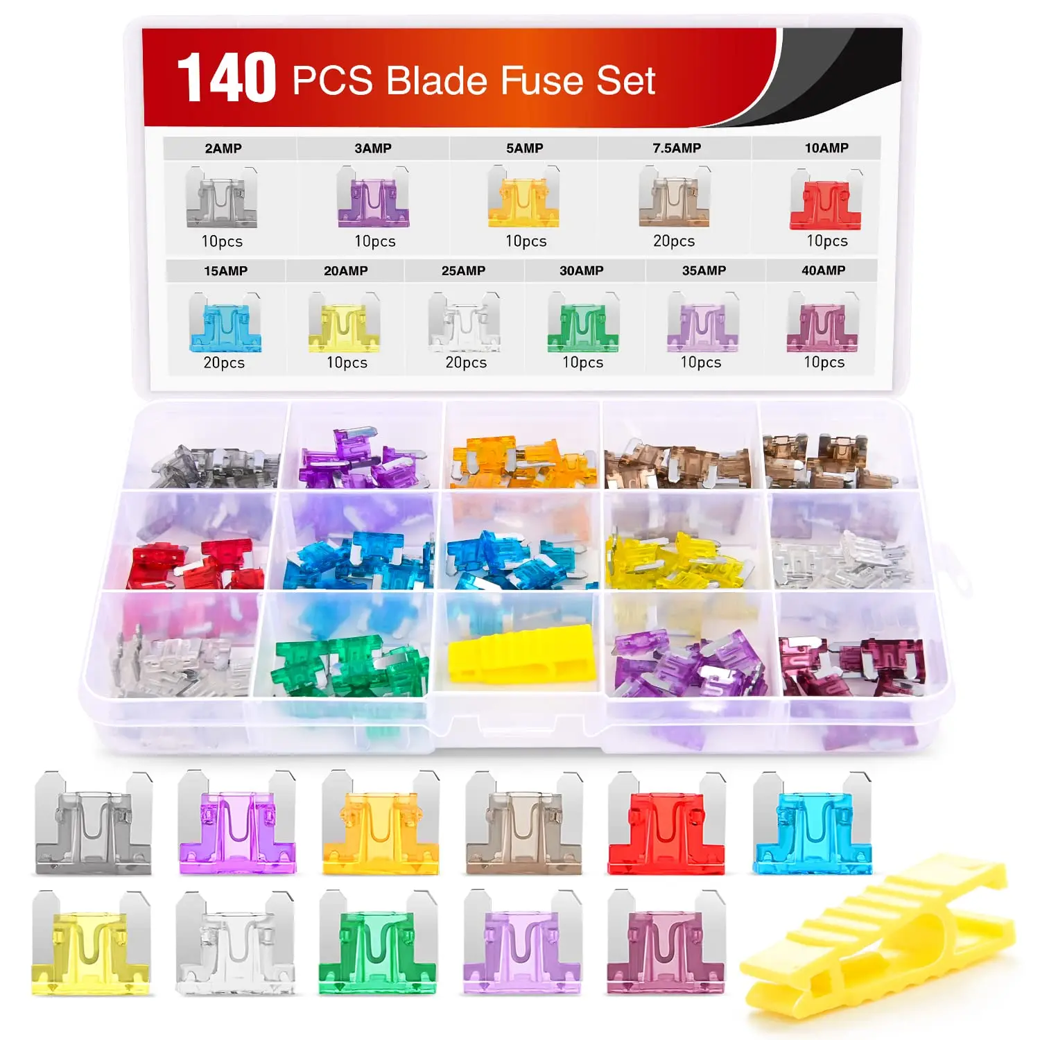 Nilight 140-Piece Assorted Low Profile Mini Blade Fuse Set - 11 Sizes (2A,3A,5A,7.5A,10A,15A,20A,25A,30A,35A,40A), Color-Coded Plastic Housings, Durable Storage Box, Zinc Terminal, Easy Installation for Car, Camper RV, Fleet, Motorcycles