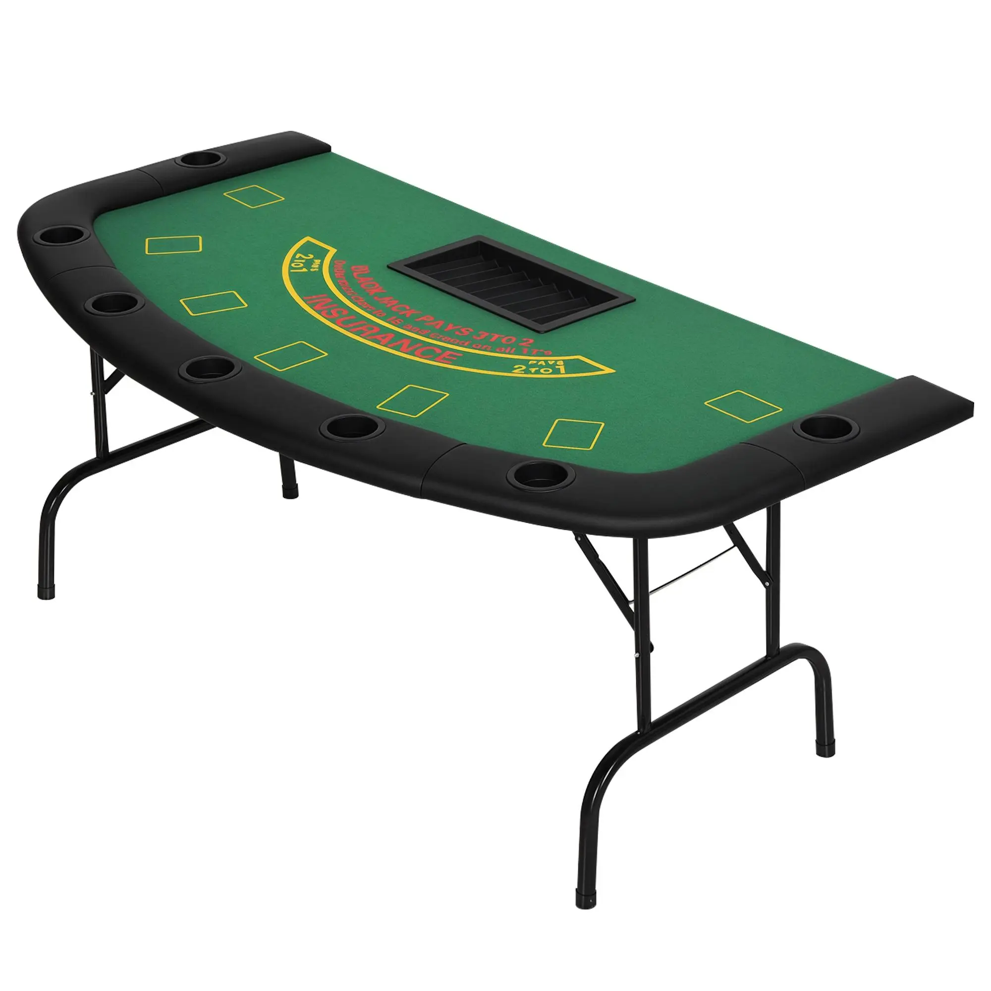 Soozier Foldable 72" 7-Player Casino Table with Chip & Cup Holders, Green Felt, Folding Tables for Party Card Games, Game Room, 71.75" L x 35.75" W x 2.25" H (Folded), Ages 12+, 12 Years Above