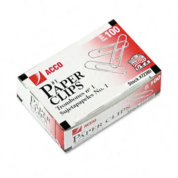 Acco 72380 Smooth Economy Paper Clips Steel Wire No. 1 Silver 100/Box 10 Bxs/Pk
