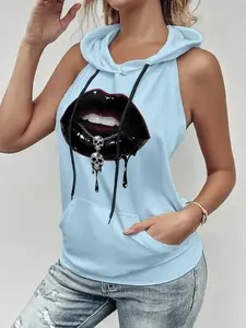 Women's Back Cut-Out Tank Top, Halloween Lip Skull Print Gothic Rock Hoodie, Summer Casual Fitted Sleeveless Graphic Hooded Sweatshirt with Pockets