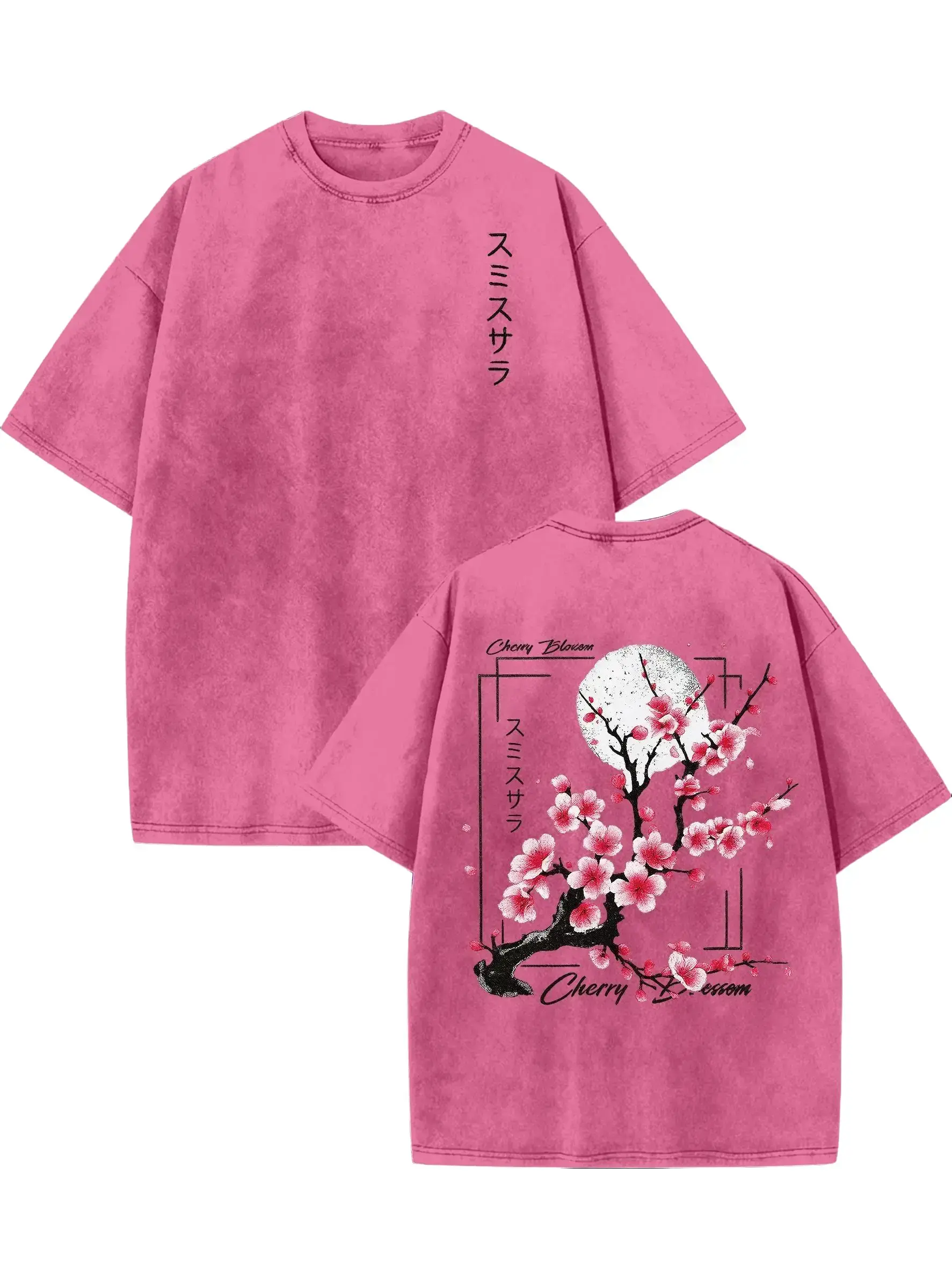 Men's 100% Washed Round Neck Short-Sleeve Loose Knit Acid-Wash Graphic Tee - Cherry Blossom & Japanese Lettering, Pink Casual Weekend Summer Top, Unisex Graphic Shirts for Menswear, Men's Graphic Tees
