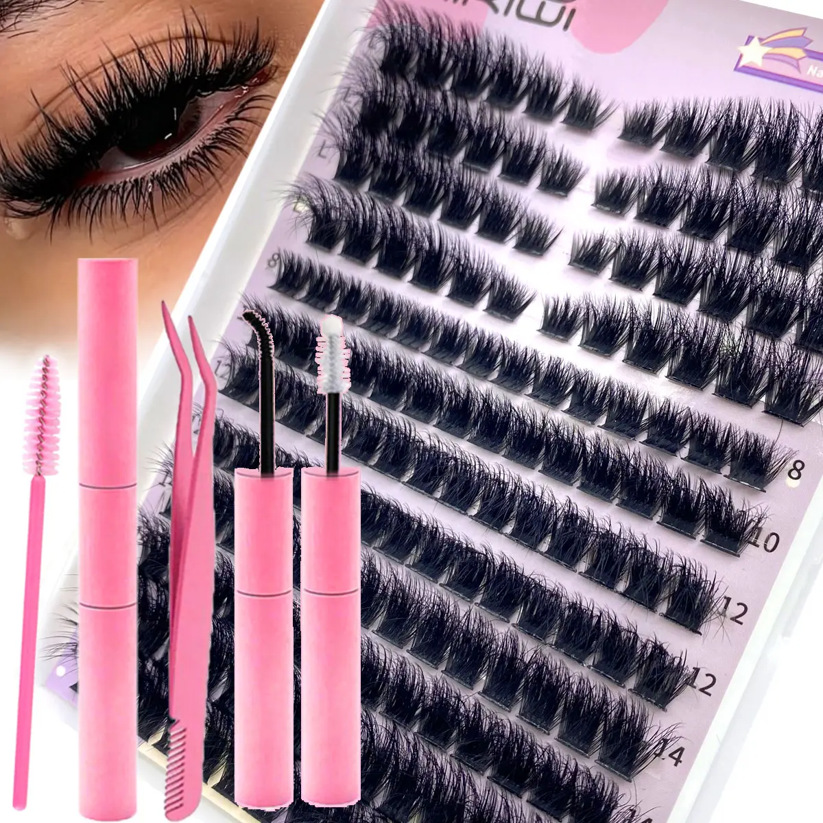 Mikiwi DD Curl DIY Manga Lash Clusters Kit With Ultra-Dense, Waterproof, Long-Lasting Extension Lashes, 150D Dark Thick 8-16mm, Hybrid Volume Look, Beginner-Friendly,Includes Lash Glue, Tweezers for Makeup