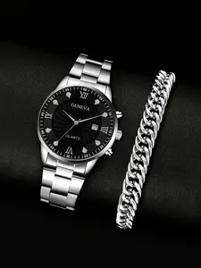 Men's New Fashion Business Fashion Rhinestone Decor Round Dial Analog Quartz Watch, with Link Bracelet Set As Gift without Box, Fashionable Stylish Watch