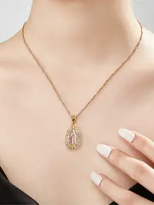 1pc Women's 14K Virgin Mary Mama Our Lady Guadalupe Pendant Necklace, 1.2mm Wave Chain, Unisex Jewelry, 18 Inch, Perfect Religious Gift