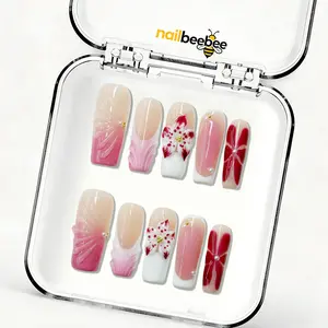 NailBeeBee｜10PCS 100% Handmade Press-On Nails｜D160 1.2 Inch｜Reusable Colorful Art Acrylic Stylish｜Romantic Pink Pearl Orchid Nails
