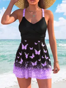 Women's Plus Size Fashion Sexy Cross Back Butterfly Print Party One-Piece Sheer Dress Swimsuit, Casual Striped Style Skirted Swim Dress